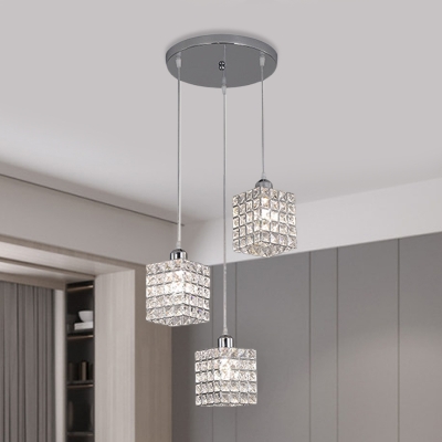 3 Heads Dining Room Cluster Pendant Lamp Contemporary Chrome Suspension Lighting with Cubic Faceted Crystal Shade