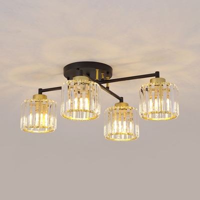 4/6 Bulbs Crossed Rod Arm Ceiling Light Modern Black-Gold Iron Semi Flush Mount Lamp with Crystal Shade