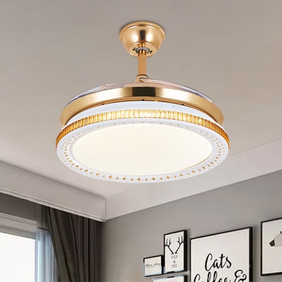 4 Blades Metal Round Ceiling Fan Lighting Modernist LED Gold Semi Flush Mounted Lamp, 16