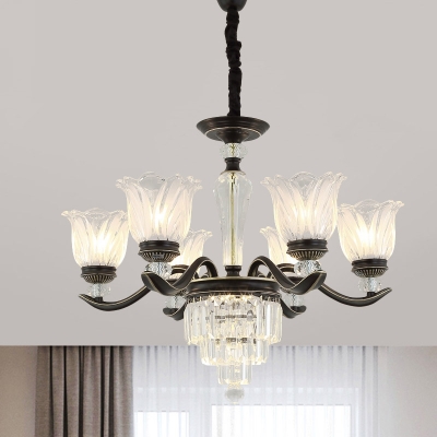 6/8 Heads Clear Glass Chandelier Lamp Modern Black Floral Living Room Pendant with Crystal Decor