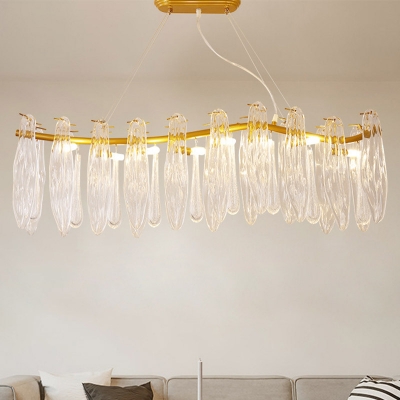 8 Lights Island Pendant Modern Leaf Textured Crystal Hanging Lamp with Wavy Rod Arm in Gold