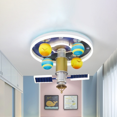 Acrylic Space Station Ceiling Fixture Kids Yellow and Blue LED Flush Mount Light