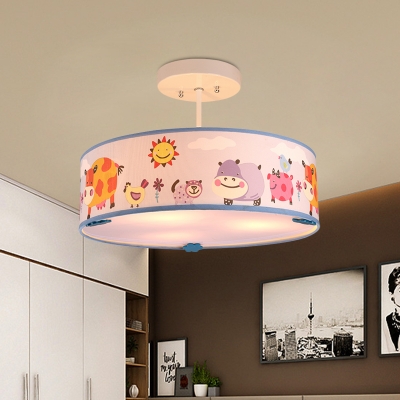 Animal Patterned Fabric Drum Semi Flush Cartoon 3 Lights White and Blue Close to Ceiling Lamp