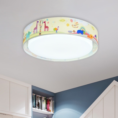 Animal-Print Fabric Drum Ceiling Fixture Cartoon Blue/Beige LED Flush Mount Recessed Lighting