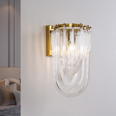 Arched Crystal Flute Wall Mount Light Mid Century 1 Head Bedroom Sconce Lighting in Gold