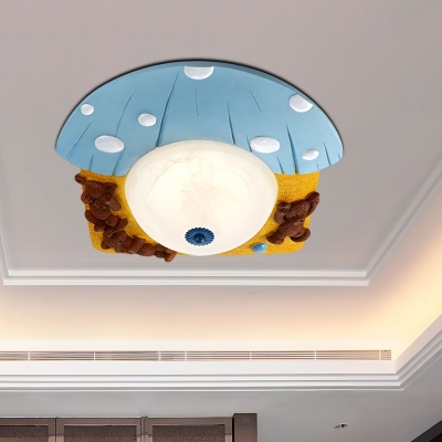 Bear and Mushroom Resin Flush Light Cartoon Red/Blue LED Ceiling Mount Lighting with Dome White Glass Shade