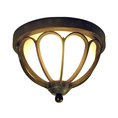 Black LED Flush Ceiling Light Cottage Opal Glass Bowl Shade Lighting Fixture with Metal Cage