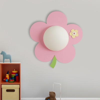 Blossom Wood Wall Light Fixture Cartoon Pink LED Sconce Lamp with Orb Milk Glass Shade