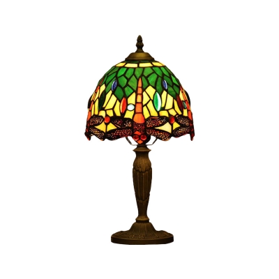 Bowl Shape Table Lamp Baroque Orange/Blue/Green Glass 1 Bulb Bronze Night Light with Dragonfly Edge