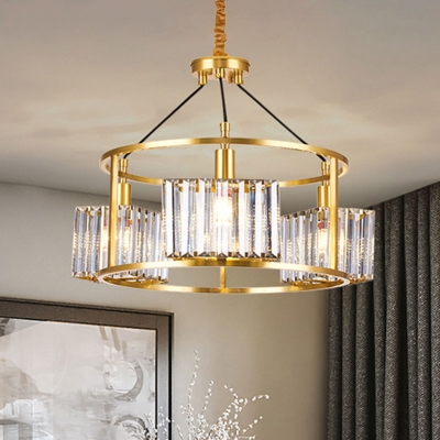 Brass Drum Cage Chandelier Mid-Century Metal 3 Heads Dining Table Pendant Light with Cuboid Crystal Shade