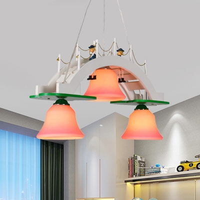 Bridge Chandelier Lighting Cartoon Wood 3-Light White Pendulum Lamp with Bell Pink Glass Shade