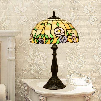 Bronze 1 Bulb Reading Light Tiffany Stained Art Glass Domed Shaped Floral Patterned Desk Lighting for Bedroom