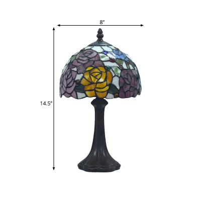 Bronze 1-Light Table Lamp Mediterranean Stained Glass Dome Nightstand Light with Flower Pattern
