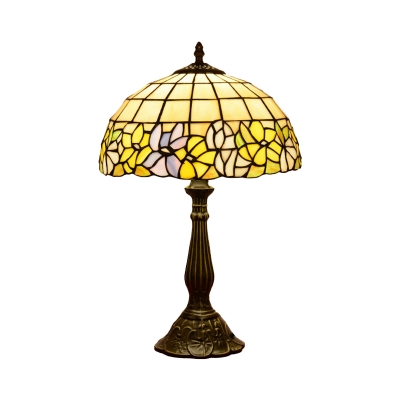 Bronze Finish Lattice Domed Nightstand Lamp Tiffany Style 1-Light Cut Glass Floral Patterned Night Light