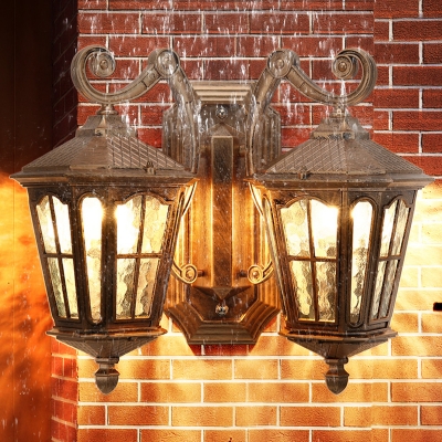 Bronze Lantern Wall Sconce Lamp Countryside Water Glass 2 Lights Outdoor Wall Light