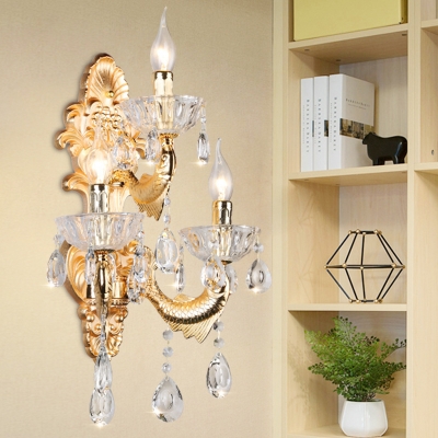 Candelabra Living Room Sconce Vintage Crystal 3 Lights Gold Wall Light with Fish-Shaped Arm