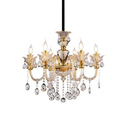 Candle Bedroom Chandelier Traditional Tube Glass Coated 6-Head Gold Hanging Lamp with Crystal Draping