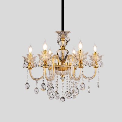 Candle Bedroom Chandelier Traditional Tube Glass Coated 6-Head Gold Hanging Lamp with Crystal Draping