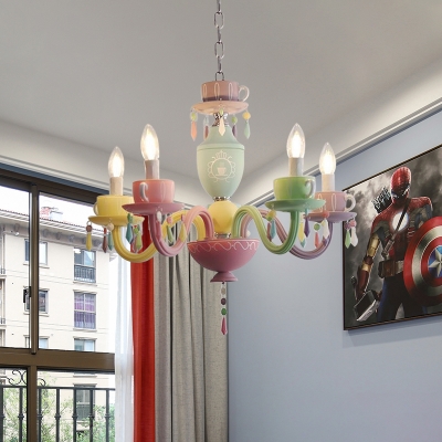 Candlestick Iron Suspension Lighting Macaron 5/6 Lights Blue-Yellow-Green-Pink Chandelier over Table