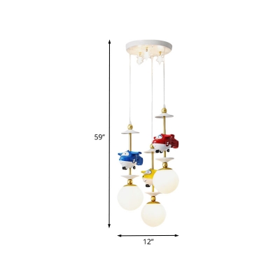Cartoon 3/5-Light Suspension Light Gold Helicopter Multi Light Pendant with Ball Opal Glass Shade