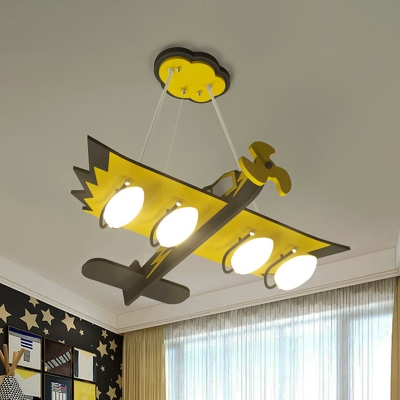 Cartoon Aircraft Pendant Chandelier Wood 4-Head Kids Bedroom Hanging Light Kit in Yellow