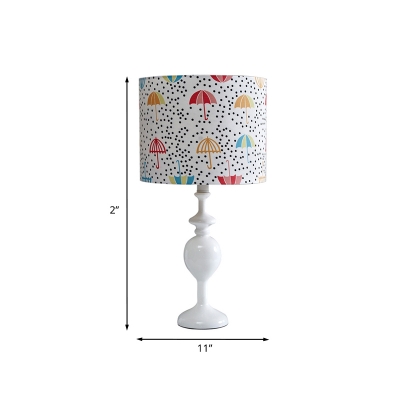 Cartoon Cylinder Shade Table Light Fabric 1 Bulb Bedside Night Stand Lamp with Umbrella Pattern in White