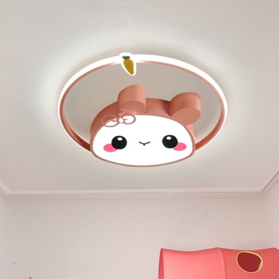 Cartoon Rabbit Kindergarten Flush Mount Acrylic Kids LED Ceiling Light Fixture in Pink/White for Bedroom