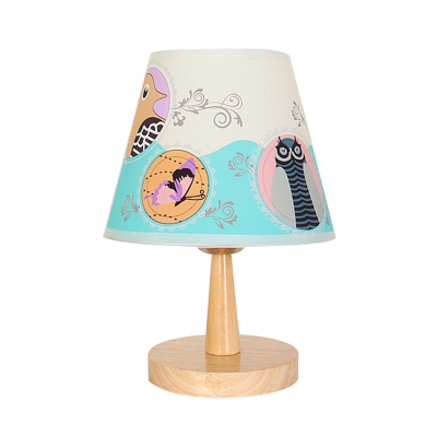 Cartoon Tapered Fabric Night Light 1-Light Table Lighting with Plane/Bear/Owl Pattern in Wood