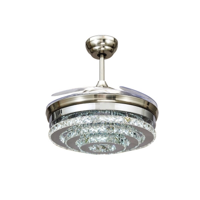 Chrome Tiered Round Fan Light Modern LED Crystal Semi-Flush Ceiling Lamp with 4 Clear Blades, 42.5