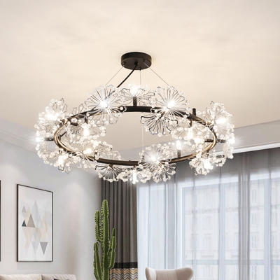 Circle Crystal Ceiling Chandelier Modern 15-Bulb Living Room Pendant in Black with Petal Design