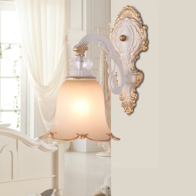 Classic Flower Wall Light Sconce 1 Head Beige Glass Wall Lighting Fixture for Bedroom