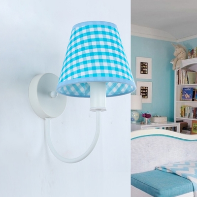 Conical Swag Sconce Light Modern Tartan Fabric Single Blue and White Wall Mounted Lamp
