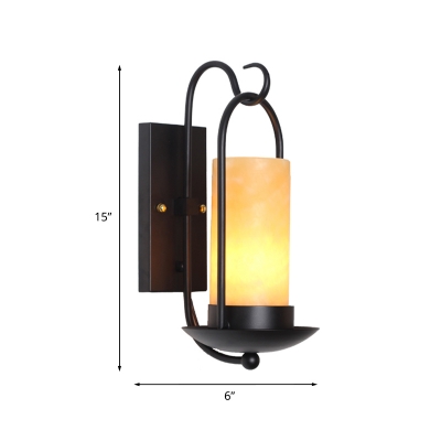 Countryside Cylinder Wall Hanging Light 1 Bulb Frosted Glass Wall Mount Lamp in Black