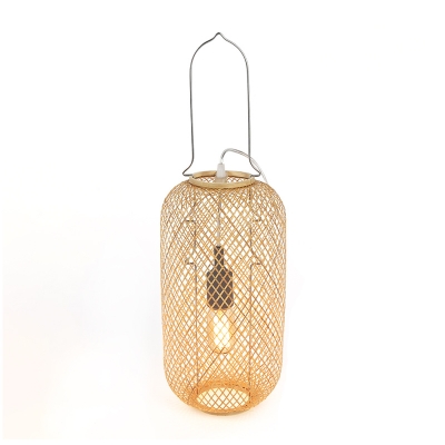 Crisscrossed Weaving Oval Table Lighting Asia Bamboo 1 Head Flaxen Night Lamp with Hand Grip