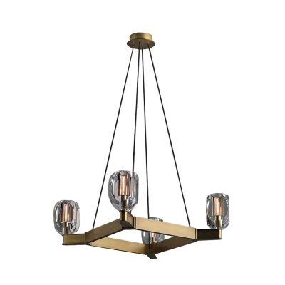 Crystal Block Square Chandelier Modernism 4-Bulb Dining Room Ceiling Hang Fixture in Gold