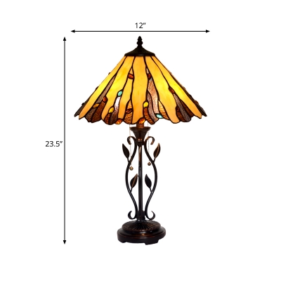 Cut Glass Coffee Table Lighting Conical 1 Light Tiffany Style Nightstand Lamp with Pull Chain