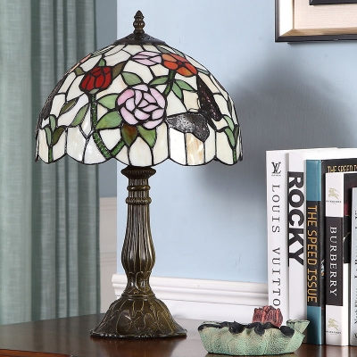 Cut Glass Dome Shade Nightstand Lamp Mediterranean 1-Bulb Bronze Finish Blossom Patterned Table Lighting