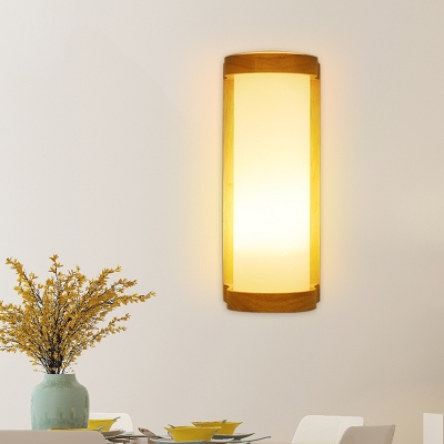 Cylindrical Kitchen Wall Lamp Frosted White Glass 1 Bulb Asian Style Sconce Light in Wood