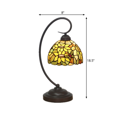 Domed Night Table Lighting 1 Light Hand Cut Glass Mediterranean Desk Light in Red/Yellow with Swirl Arm