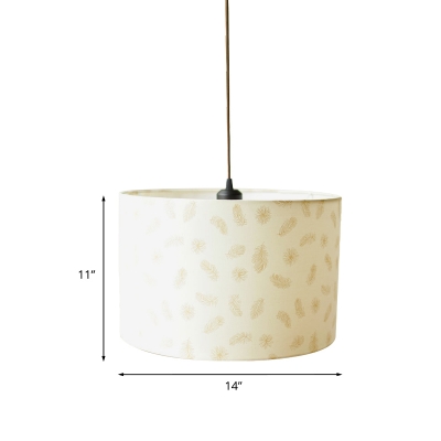 Drum Fabric Suspension Light Kids 1-Bulb White Hanging Pendant Lamp with Bird/Bear/Tree Pattern