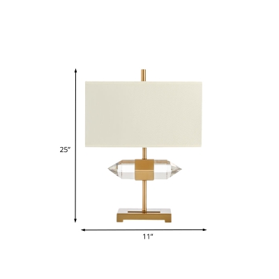 Fabric Rectangle Table Light Minimalism 1-Head Living Room Night Lamp in Gold with Crystal Accent