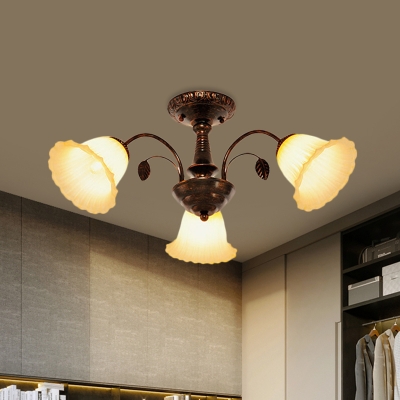 Flower White Glass Ceiling Lamp Classic Style 3/5-Head Bedroom Semi Flush Light with Swooping Arm