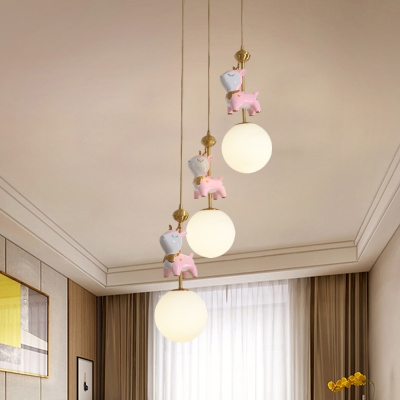 Frosted Glass Orb Cluster Pendant Kids 3 Heads Pink Hanging Light Fixture with Deer Design