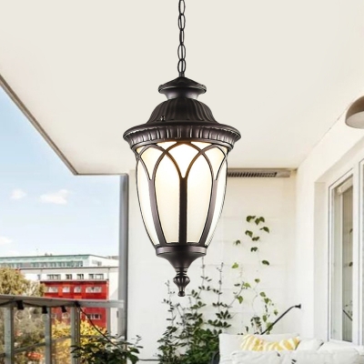 Ivory Glass Urn Suspension Lamp Rustic 1 Head Outdoor Pendant Light Fixture in Black