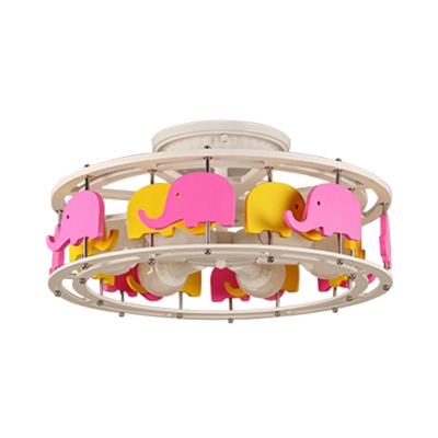 Kids 5 Lights Flush Mount Lighting Pink Elephant/Rudder/Sailboat Merry-Go-Round Ceiling Light with Wood Shade