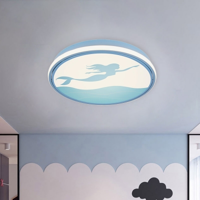 Kids Circle Ceiling Flush Acrylic LED Nursery Flush Mount in Pink/Blue with Mermaid Pattern
