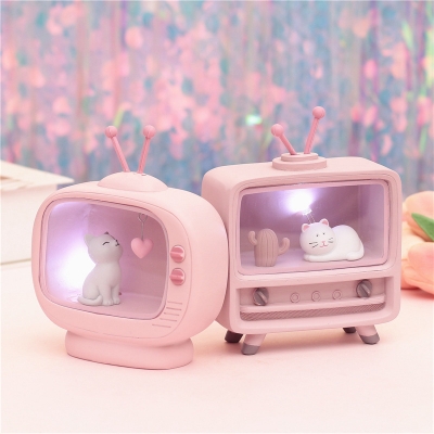 Kids Style LED Night Light Pink TV Cat and Cactus/Loving Heart Mini Table Lamp with Resin Shade