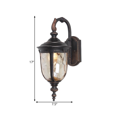 Lodge Arched Arm Wall Lighting 1-Head Amber Dimple Glass Sconce Light Fixture in Black