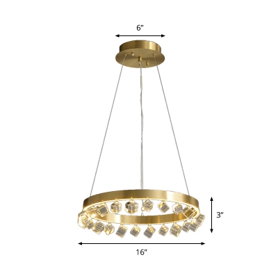Luxurious Loop Pendant Chandelier Cubic Crystal LED Ceiling Hang Fixture in Gold for Kitchen