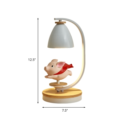 Macaron Bell Iron Table Light 1 Head Nightstand Lamp with Girl/Boy/Pig Base in White and Wood